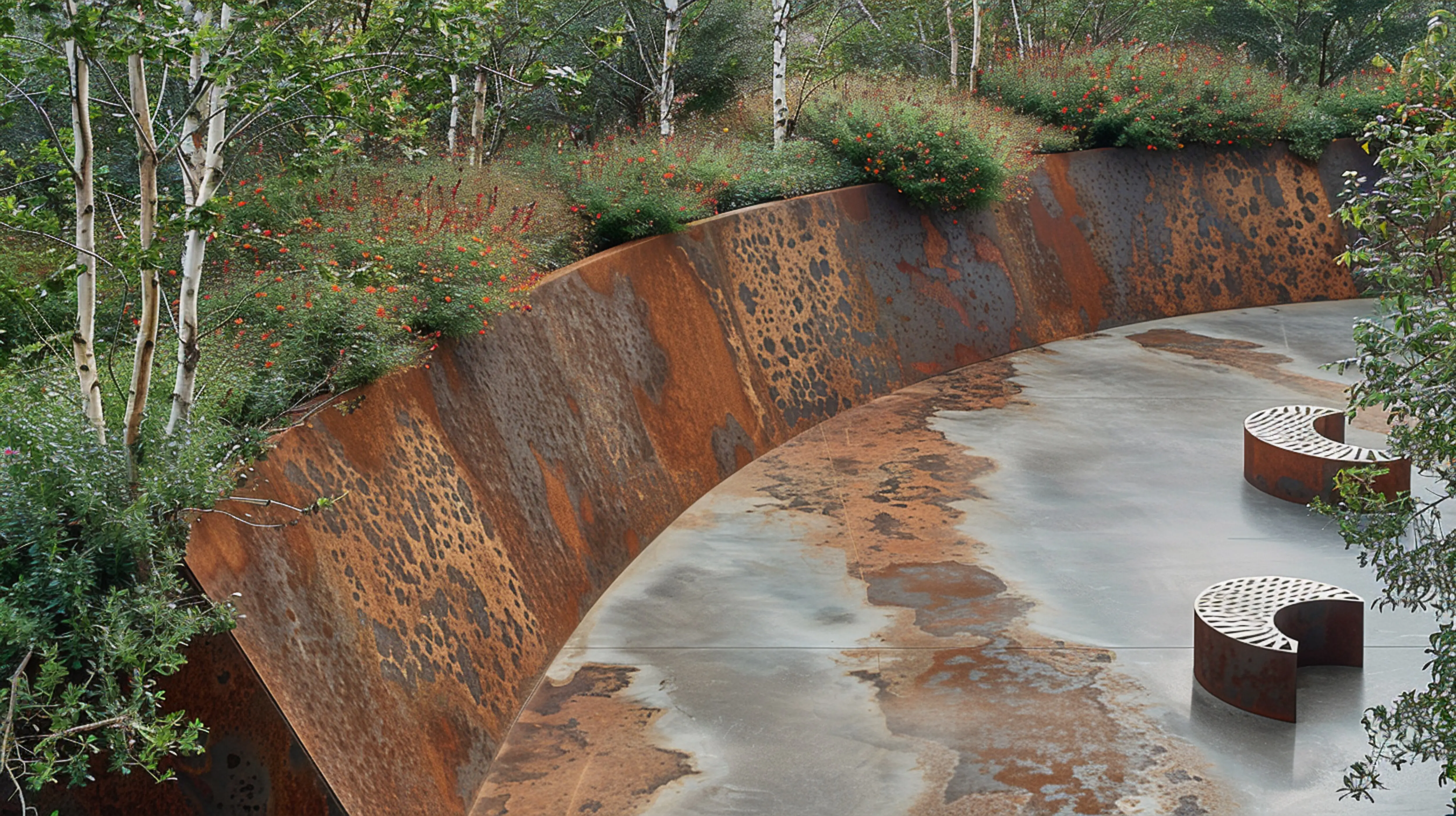 Two benches sit on the edge of a large wall generative ai