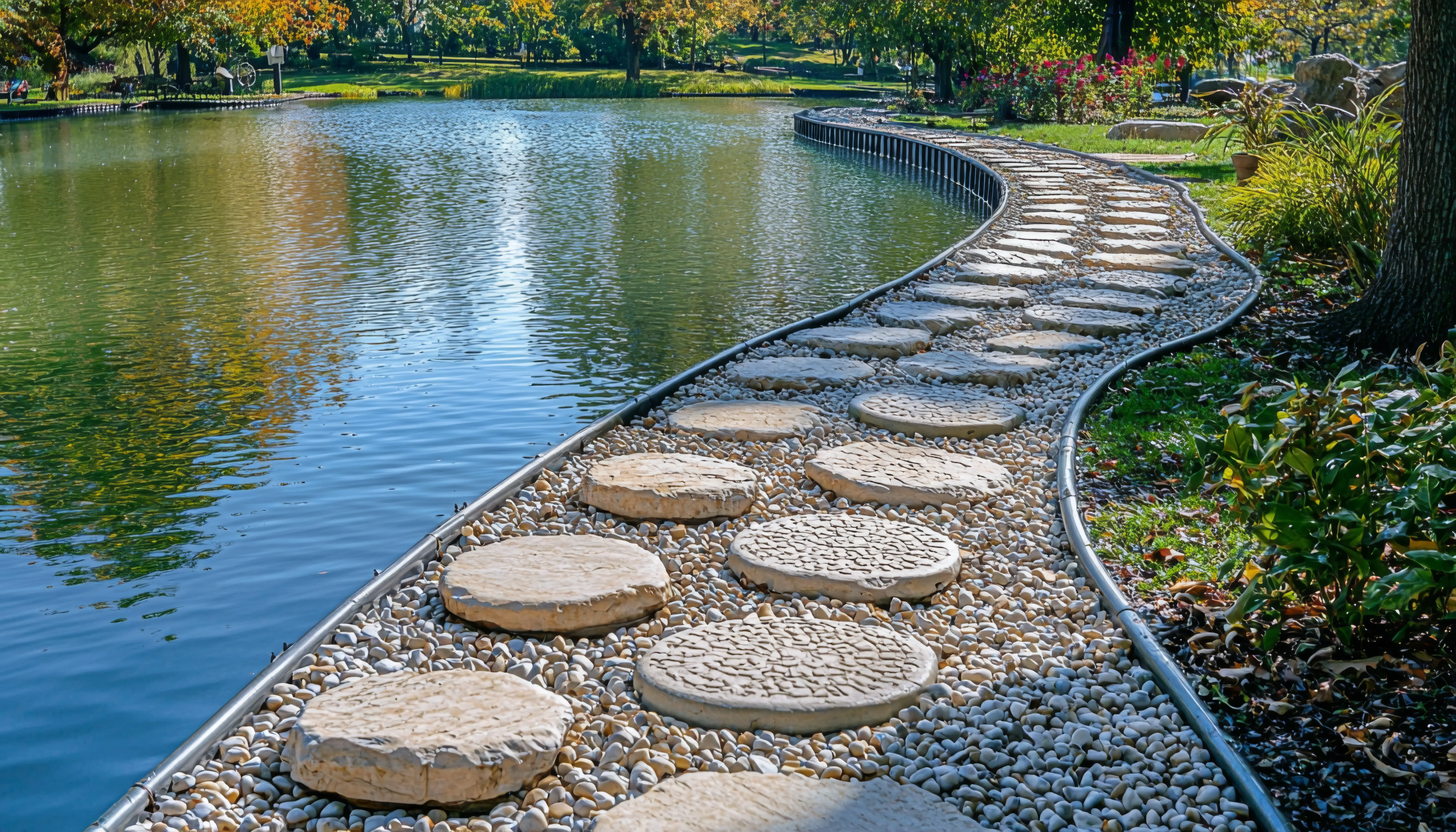 A peaceful stepping-stone path runs beside a calm lake encircled by verdant foliage and vibrant flowers.